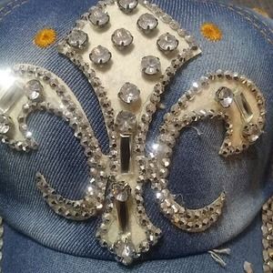 Denim Women's Adjustable Fleur de Lis Baseball Style Cap With Rhinestone Accents